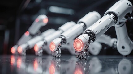 Robotic arms in a row sleek white mechanical design with glowing red circular lights, aligned on a glossy reflective surface, giving a high-tech industrial atmosphere.