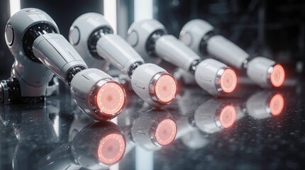 Robotic arms in a row sleek white mechanical design with glowing red circular lights, aligned on a glossy reflective surface, giving a high-tech industrial atmosphere.