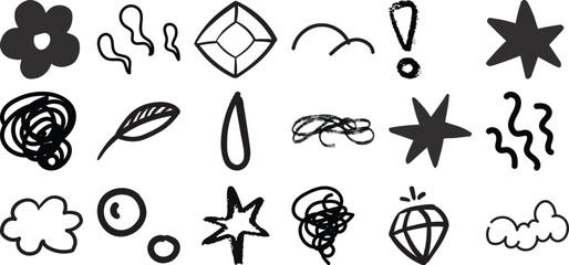 Collection of Hand-Drawn Doodle Icons: Flowers, Stars, Gems, Clouds, and More