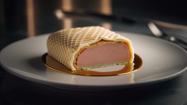An elegant french pate en croute featuring a waffle-patterned coating and pink filling is displayed on a plate.