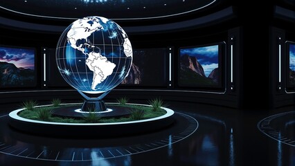 Control room with a glowing 3d holographic earth in the center, showing North and South America in vivid detail.