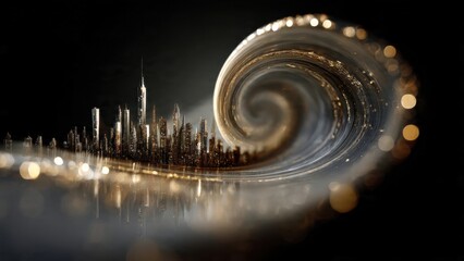 Surreal Urban Landscape with Metallic Spiral and Bokeh Effect in Futuristic Cityscape Night Scene
