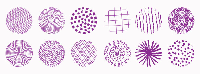 Collection of Purple Hand-Drawn Circular Patterns on White Background
