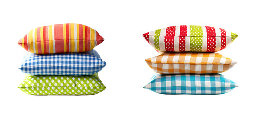 Front View Two Collections of Bright Stack of Three Patterned Cushions: Stripes, Gingham, and Diamond Checks on a transparent background