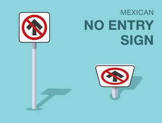 Traffic regulation rules. Isolated mexican "no entry" road sign. Front and top view. Flat vector illustration template.