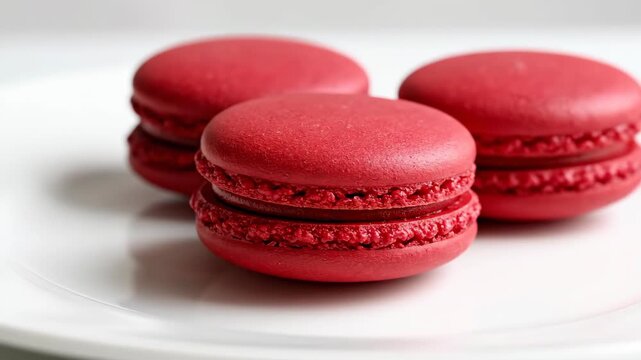 Close-up video of three deep red macarons arranged on a white porcelain plate, with subtle movement, highlighting their texture