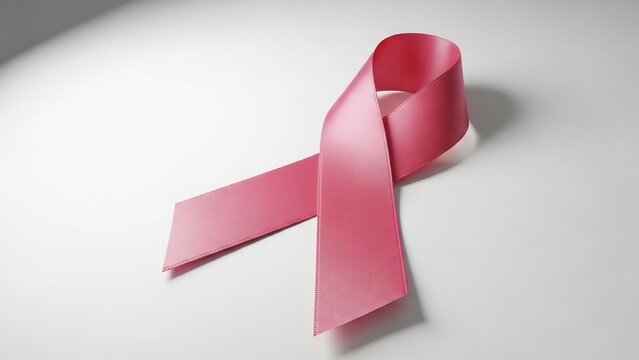 A glossy pink ribbon, a symbol of breast cancer awareness, is elegantly dd on a white background with soft lighting and a gentle shadow.