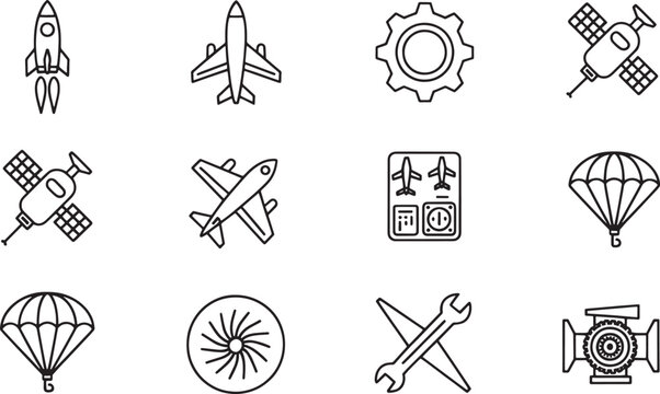 Collection of nine black and white line art icons for aerospace and aviation rocket airplane