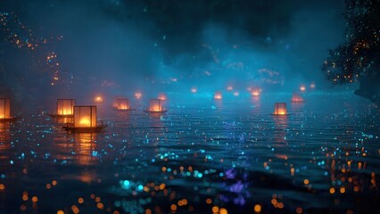 Serene Nighttime River Scene with Glowing Lanterns and Soft Blue Ambient Light Reflections