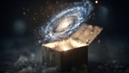 Mystical Galaxy Emerging from Open Box with Sparks and Cosmic Energy in a Dark Mysterious Atmosphere