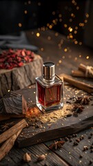 Luxurious perfume bottle on wooden board with spices and bokeh lights