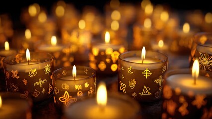 Warm Glowing Candlelight Illuminating Decorative Candles With Intricate Designs for a Cozy Ambience in Dark Settings