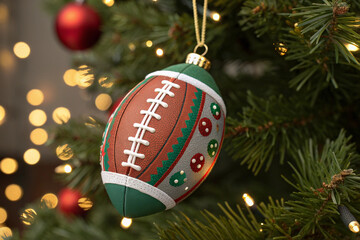 Unique Christmas tree ornament, half painted like a football and half with poinsettias and snowflakes, on a branch.
