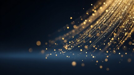 Golden sparkling light particles flowing across dark navy background with glowing star dust and elegant festive shimmer.