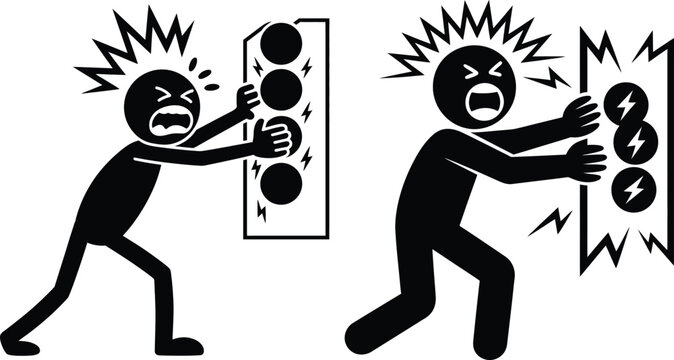 A stick figure character receives a painful electric shock from an electrical device or control panel.