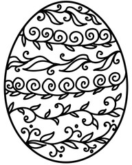 Outline Easter egg with horizontal plant and spiral swirls, coloring page for holiday creativity or design