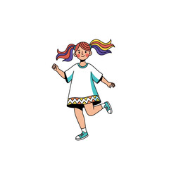 A joyful little girl with colorful rainbow pigtails running cheerfully and happily