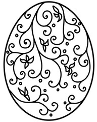 Outline Easter egg with swirls and bunches of leaves, coloring page for holiday creativity or design