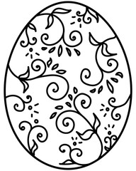 Outline Easter egg with swirls, leaves and simple elements, coloring page for holiday creativity or design