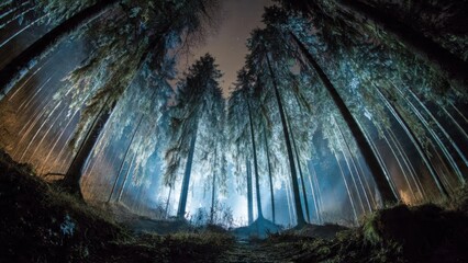 Enchanting Nighttime Forest with Majestic Tall Trees and Mysterious Blue Mist Under Starry Sky Captured in Wide Angle