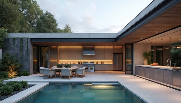 Modern home backyard features sleek outdoor kitchen with built-in grill, seamless indoor-outdoor flow, dining set by pool. Luxury living space perfect for entertaining.