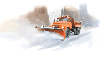 Winter City Snowplow Illustration Shows Road Maintenance During a Gentle Snowfall