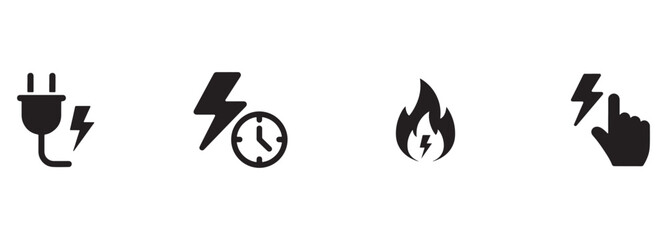 Electricity and Energy Icons Set: Plug, Time, Fire, and Touch Symbols