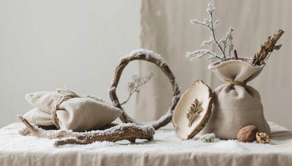 Natural winter decoration with fabric bags, twigs, and branches  