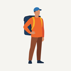 Flat vector illustration of a courier with delivery backpack, standing confidently, bold solid colours, clean silhouette, flat vector design, minimal detail, stock illustration