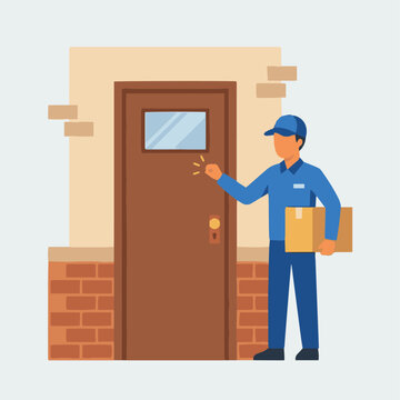 Flat vector illustration of a courier knocking on door, doorstep delivery concept, simple architectural shapes, solid colour palette, flat vector design, no gradients illustration