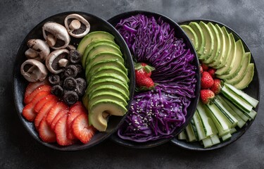 Frisches Obst und Gem&uuml;se in schwarzen Schalen als gesunde Bowl-Komposition