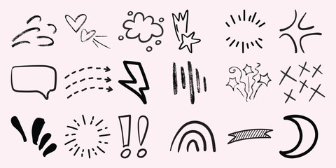 Obraz premium Hand-Drawn Doodle Elements: Stars, Hearts, Lightning, and More