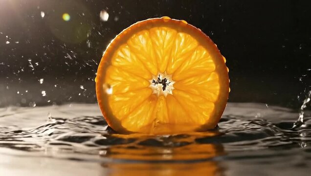 Close up of an orange slice with water droplets falling on it in slow motion.