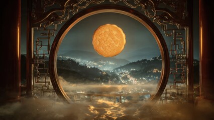 Majestic Moonlit Landscape with Golden Glow and Traditional Chinese Architecture under a Luminous Full Moon