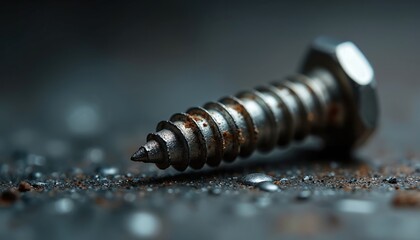 Macro view of rusted screw with sharp threads and metallic texture. Fastener lies on rough surface with dust particles and water drops, showing industrial detail and weathered material.