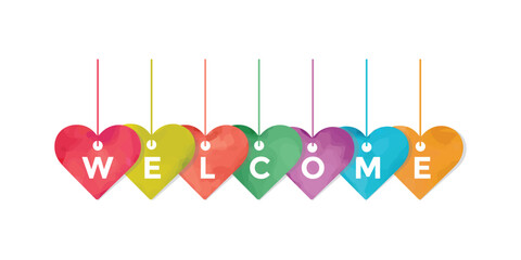  Colorful hanging Welcome Heart  on White Background for festive greetings, 