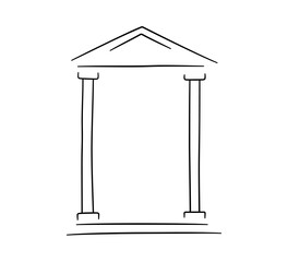 Naklejka premium Doodle frame in antique Greek building style. Hand drawn Roman pillar and Greek column. Ancient museum doodle icon. Hand drawn line border and frame. Vector illustration isolated on white background.