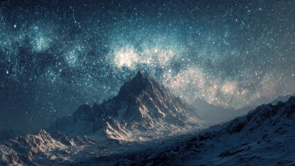 Stunning Nighttime Mountain Landscape with Majestic Milky Way Galaxy Illuminating Snow-Covered Peaks and Starry Sky