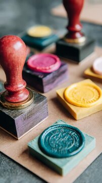 A variety of vibrant wax seals and classic wooden stamps are displayed on a neutral background, emphasizing craftsmanship. The image evokes nostalgia and creative inspiration