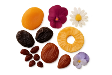 Assorted dried fruits including apricot, prunes, dates, pineapple ring, plus colorful edible flowers