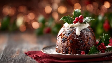 Christmas pudding with holly and cream celebrating holiday traditions