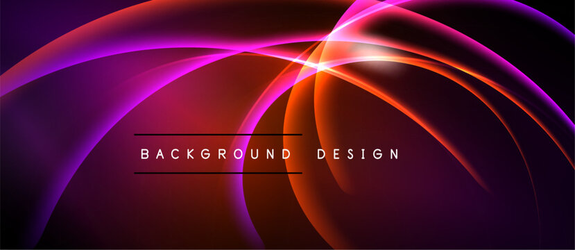 Vibrant abstract waves, purple, orange hues. Dynamic curves create flowing light effect. Background design element, modern style.