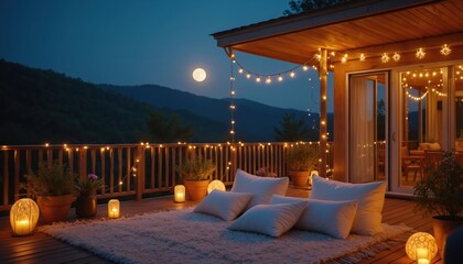 Fototapeta premium Modern balcony at night under full moon. String lights glow warmly on wooden deck with plush pillows and lanterns creating cozy atmosphere. Serene mountain view.