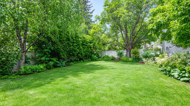 Lush green backyard with trees and plants in bright daylight during the summer season