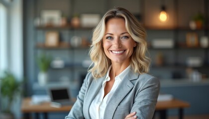 Fototapeta premium Smiling blonde woman in gray suit stands in office. She has friendly expression and crossed arms, posing confidently for camera, radiating success and professionalism in her workspace.