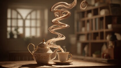 Cozy Vintage Style Teapot and Cup with Spiraling Steam in Warm Rustic Kitchen Setting
