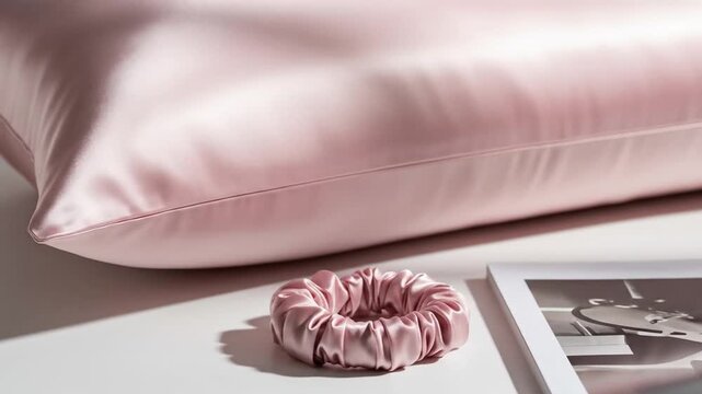 Pink satin pillowcase and matching scrunchie on a white surface with a magazine