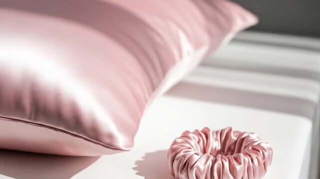 Pink silk pillow and scrunchie on white surface, illuminated by soft natural light