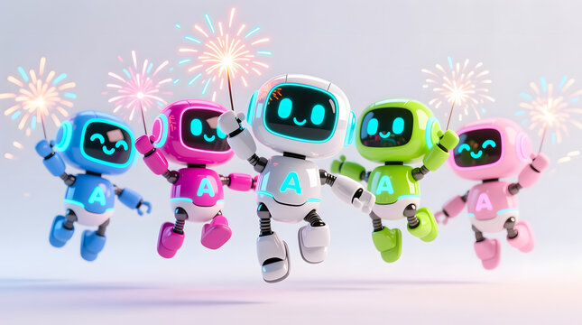A group of adorable, futuristic robots in vibrant neon colors jumping joyfully with digital fireworks, symbolizing success and unity.