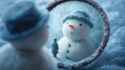 Enigmatic Snowman Reflection in Mirror: Captivating Winter Scene with Fascinating Perspectives and Imaginative Artistic Elements